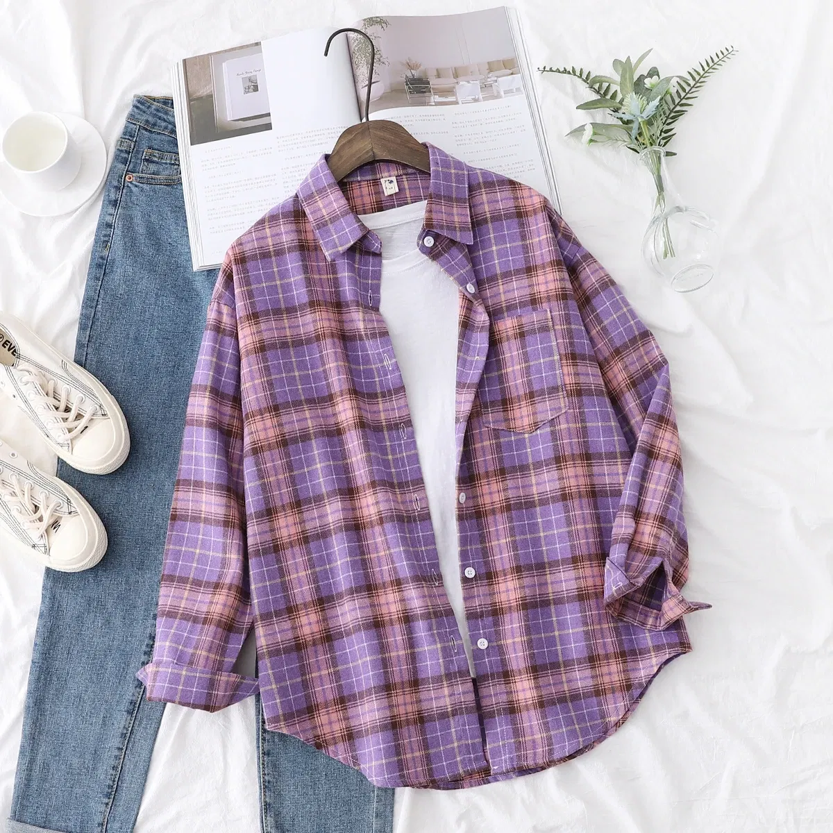 Color: PURPLE, Size: XL - Fresh Flannel Plaid Shirt Women 2024 New Female Blouses and Tops Cotton Loose Long Sleeve Casual Shirts Fine Women's Clothes
