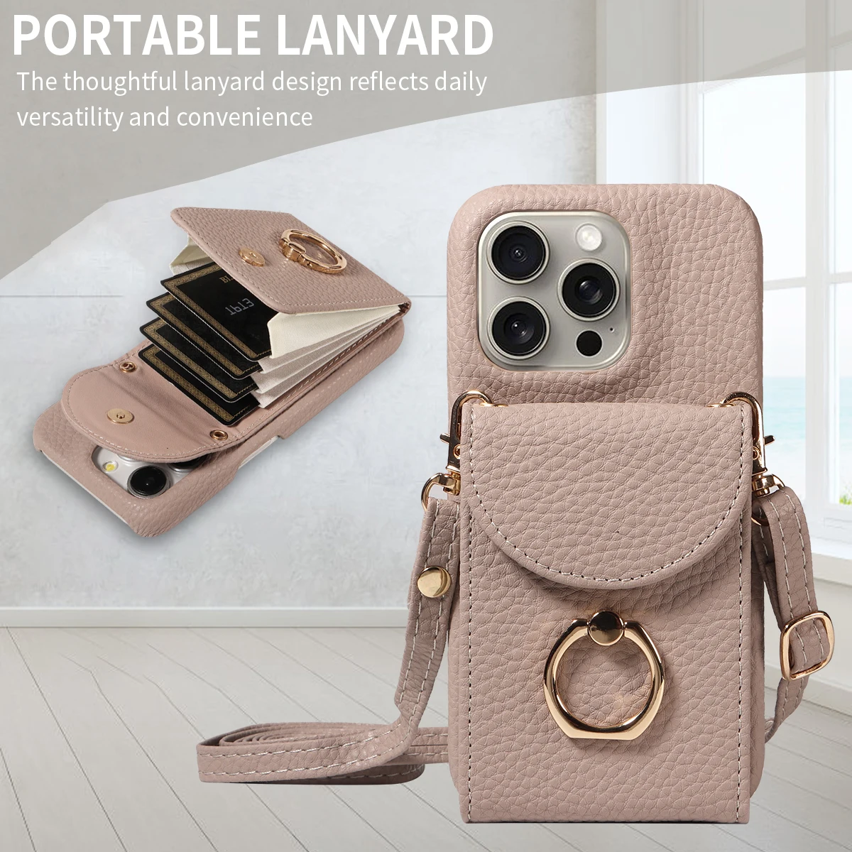 Color: Khaki, Compatible-Phone Models: For iPhone 15 Pro Max, Bundle: Case & Strap, Material: Artificial Leather - High Quality Ring Stand Lychee Pattern Phone Case for IPhone16promax15 14 13 Crossbody with Lanyard PU Leather Anti-fall Cover