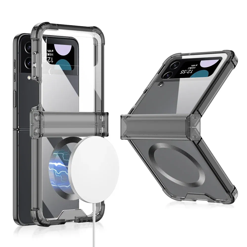 Color: Sky blue, Material: Aluminum - Colorful Transparent Folding Hinge For Samsung Galaxy Z Flip 4 3 Magsafe Magnetic Wireless Charging Case Shockproof Hard Cover