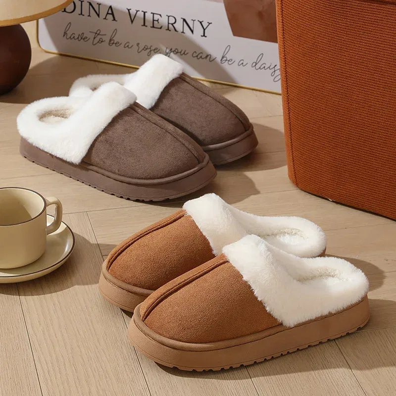 Color: Beige, Shoe Size: 40-41, Ships From: CHINA - Asgard Plush Women Slippers Thick Sole Non-slip Outdoor Fuzzy Slides Winter New Fur Collar Cotton Shoes Winter Warm Home Slipper