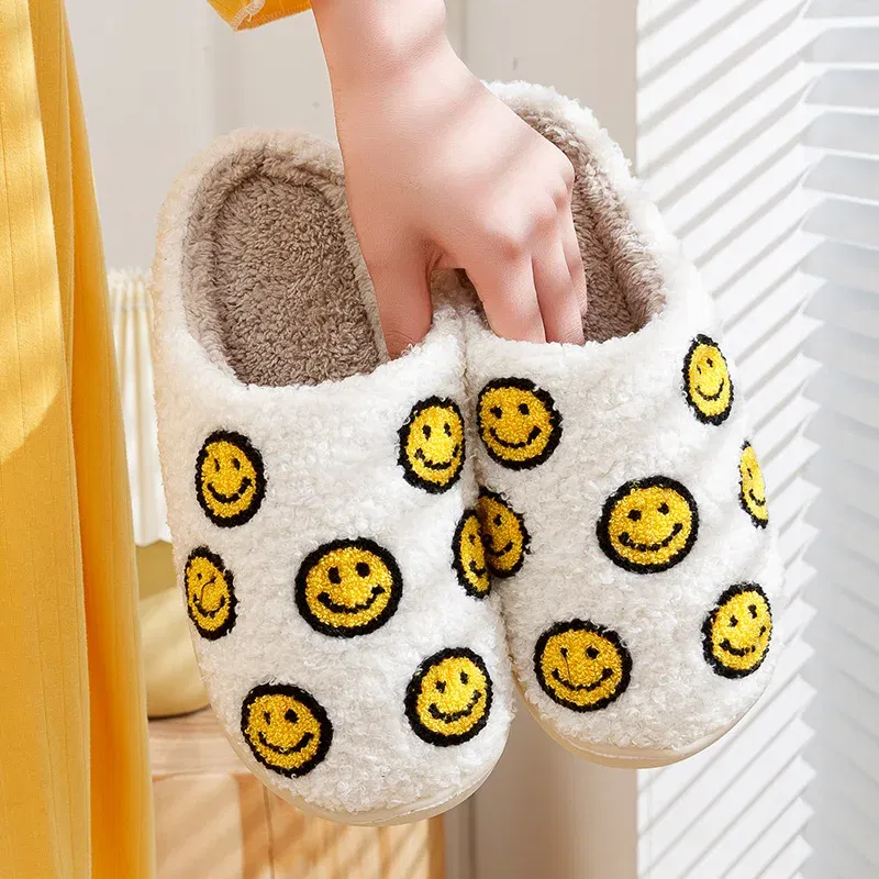 Color: light yellow, Shoe Size: 4 - Little Cute Smile Women Slippers Houseshoes House Smile Face Ladies Indoor Winter Fluffy Cozy Home Comfy Shoes