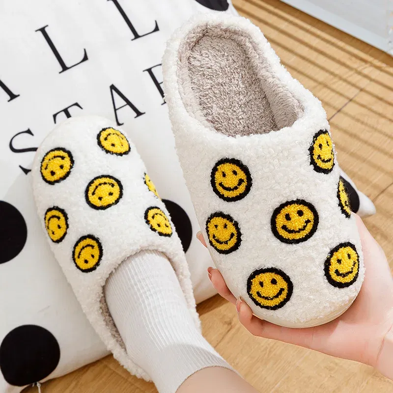 Color: light yellow, Shoe Size: 4 - Little Cute Smile Women Slippers Houseshoes House Smile Face Ladies Indoor Winter Fluffy Cozy Home Comfy Shoes