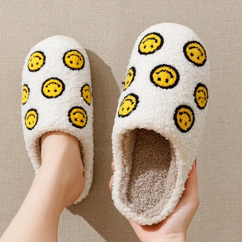 Color: light yellow, Shoe Size: 4 - Little Cute Smile Women Slippers Houseshoes House Smile Face Ladies Indoor Winter Fluffy Cozy Home Comfy Shoes