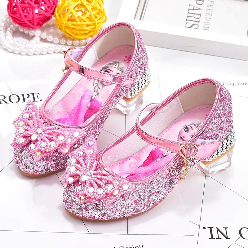Color: PURPLE, Shoe Size: 29 - Disney Princess Elsa Leather Shoes Girls' High Heels Shoes Fashion Girls' Crystal Shiny Children's Blue Pink Shoes Size 26-35