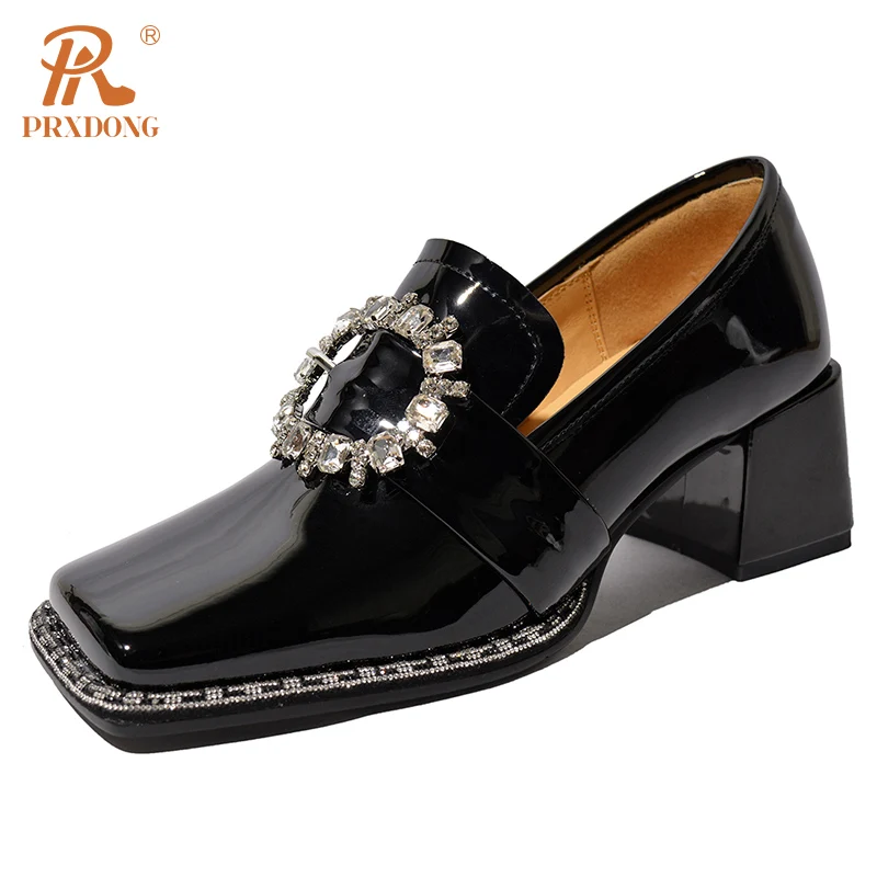 Color: Beige, Shoe Size: 38, Ships From: CHINA - PRXDONG New Arrivals Genuine Leather Spring Summer Women Pumps Square Med Heel Crystal Black White Dress Party Office Lady Shoes