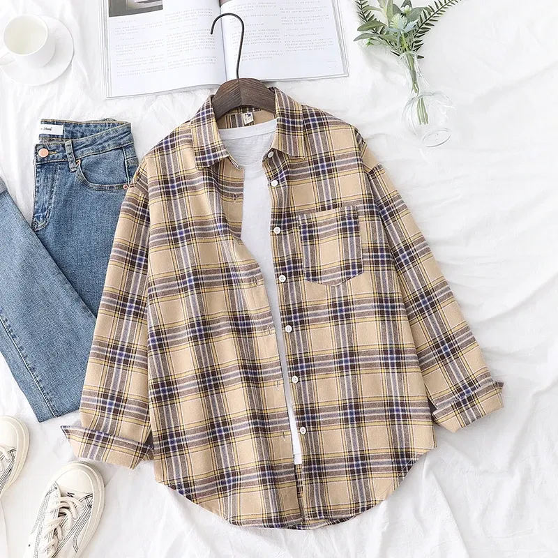 Color: MULTI, Size: L - Fresh Flannel Plaid Shirt Women 2025 New Female Blouses and Tops Cotton Loose Long Sleeve Casual Shirts Fine Women's Clothes