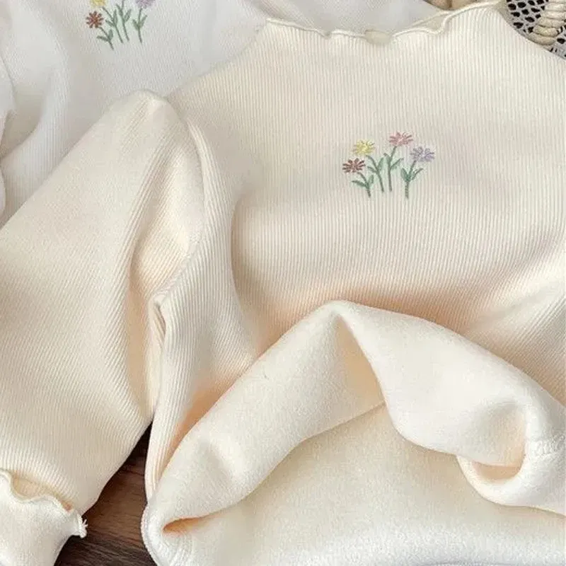 Color: black, Kid Size: 10 - Baby Girls Top Winter Kids Warm Thickening Sweater Children Puff Sleeve Flower Embroidery Bottom Shirt 1-6 Years Casual Clothing