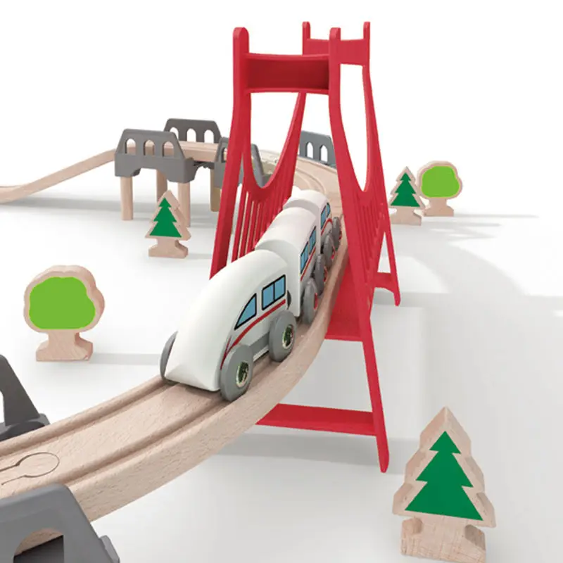 Color: Yellow - Wooden Bridge Tunnel Urban Rail Overpass Traffic Car Toy Scene Combined Train Rail Track Wooden Accessories Beech Turntable DIY
