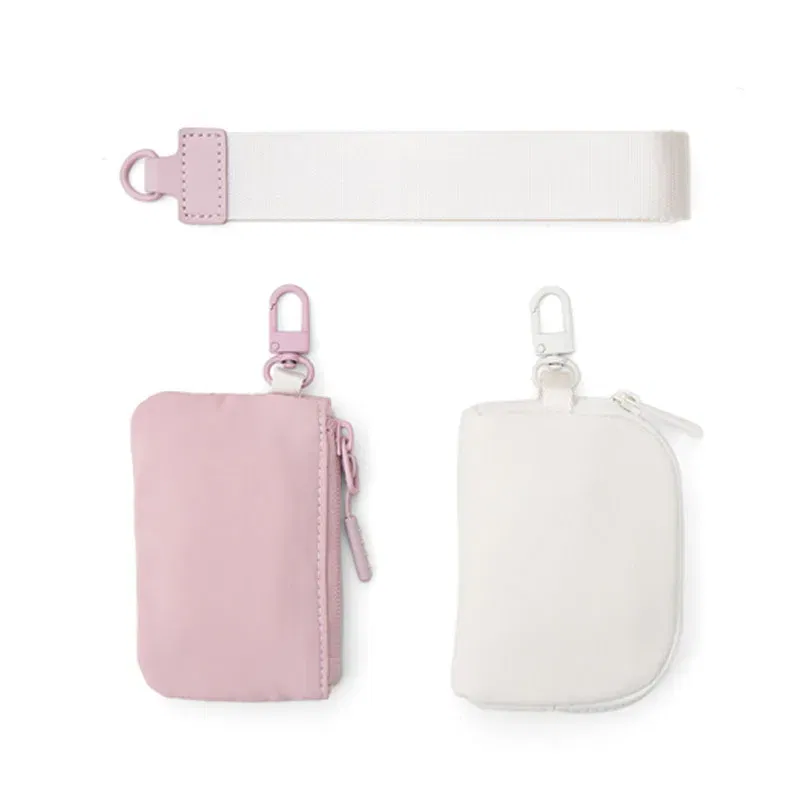Color: GRAY - Mini Dual Coin Pouch Solid Color Wristlet Keychain Wallet Change Pocket Handbag lulu Coin Purse Women Portable  Key Card Holder