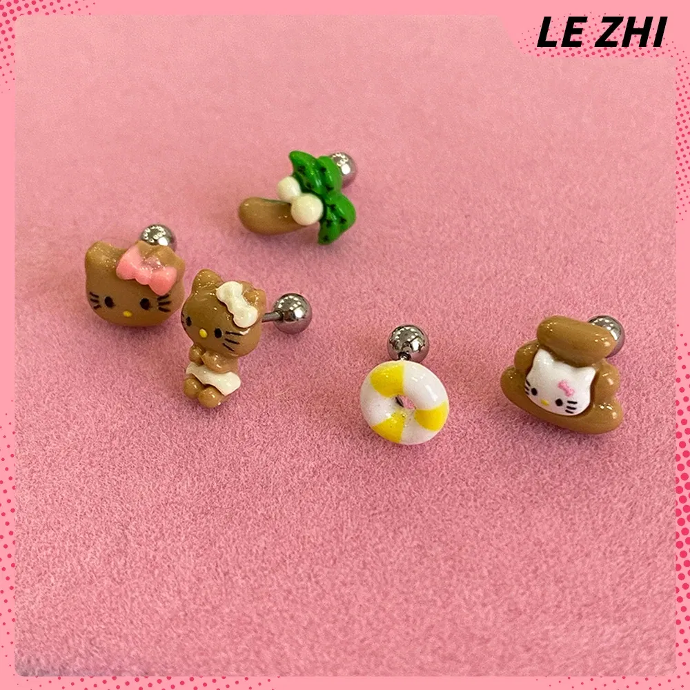 Color: Olive, Size: L - Hawaii HelloKitty Cute Ear Stud Coconut Palm Earrings Anime Accessories Maiden Heart Girls Birthday Present Fashion Jewelry Gift
