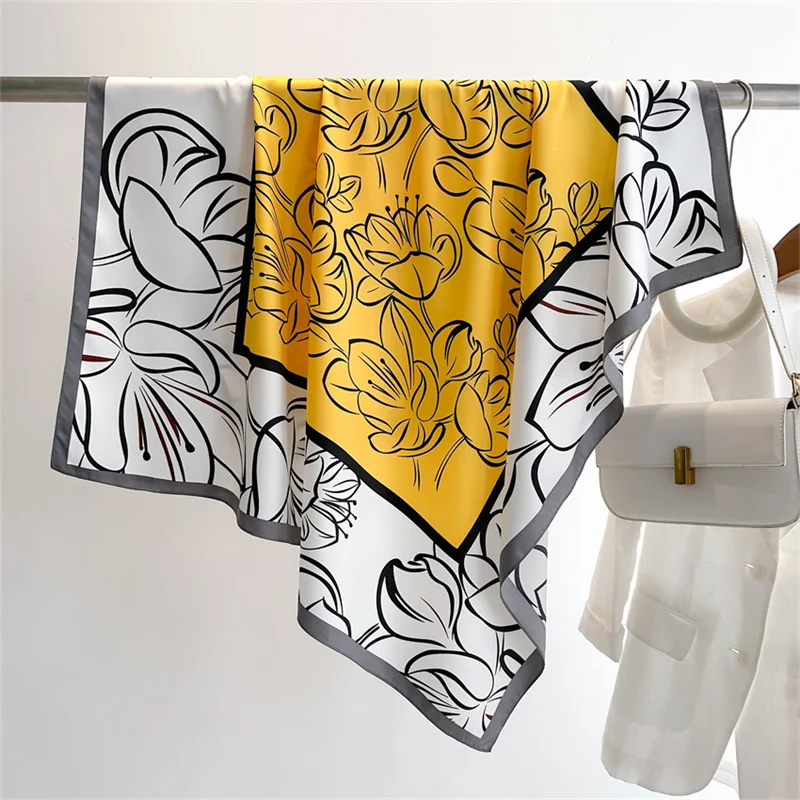 Color: Blue, Size: One Size - 2024 Luxury New Retro Printed Silk Scarf 90cm Twill Silk Scarf Lotus Fashion Large Square Scarves Sunscreen Shawl Headscarf