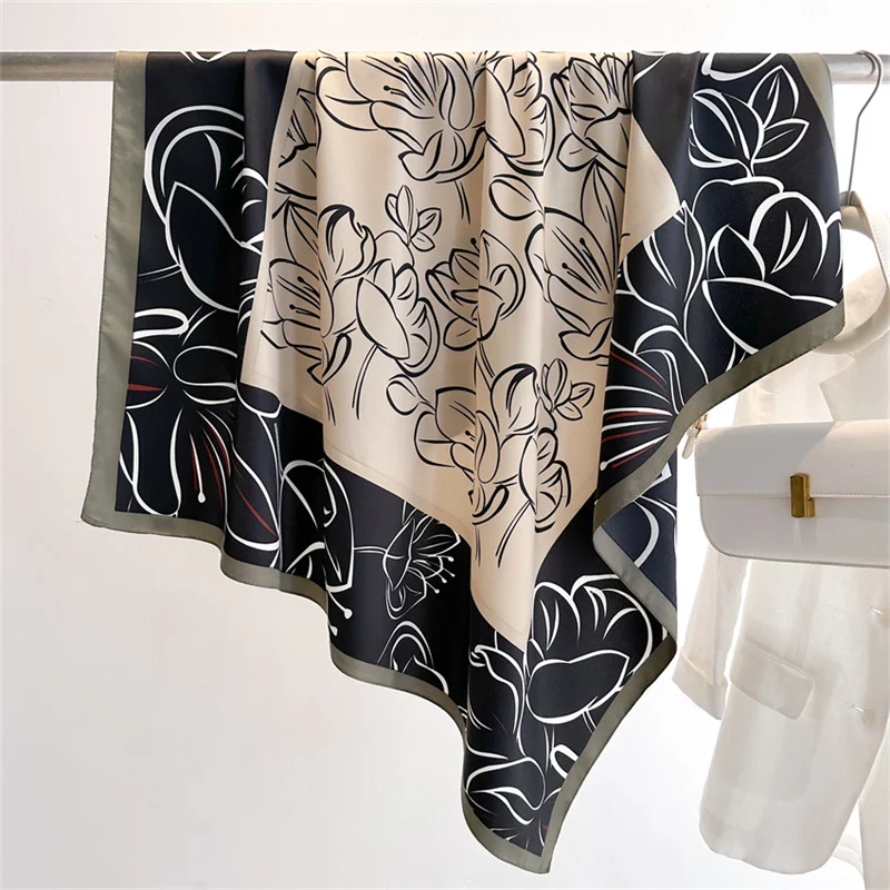 Color: Blue, Size: One Size - 2024 Luxury New Retro Printed Silk Scarf 90cm Twill Silk Scarf Lotus Fashion Large Square Scarves Sunscreen Shawl Headscarf