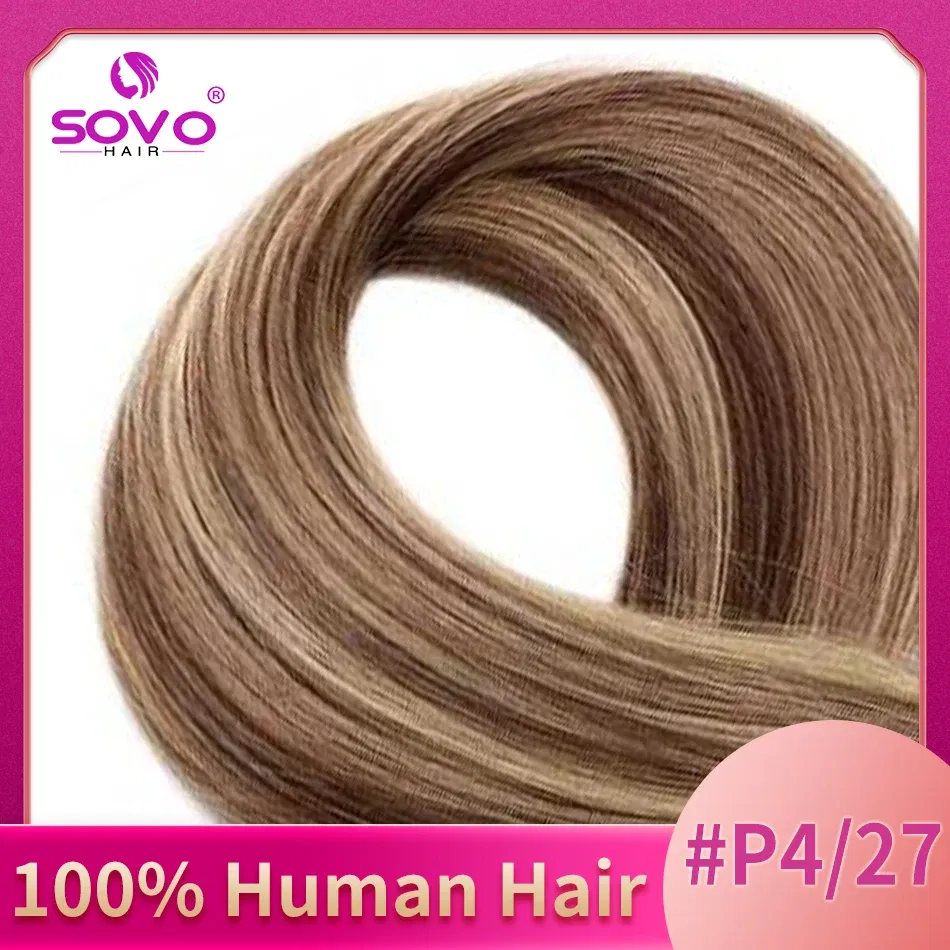Color: #P4/27, Length: 12 inches - SOVO Clip In Hair Extensions Human Hair 3 Pieces Bone Straight Clip Ins Hair Extension 60-90G Real Natural European Hair 12-26"