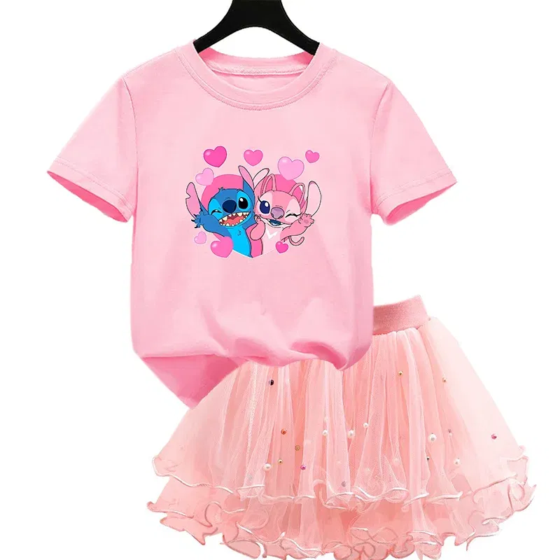 Color: MULTI, Kid Size: 4T - 2pcs Lilo Stitch Summer Girls Outfits Cartoon T-shirt and Tutu Skirt Princess Clothes Suit Children Birthday Clothing Sets