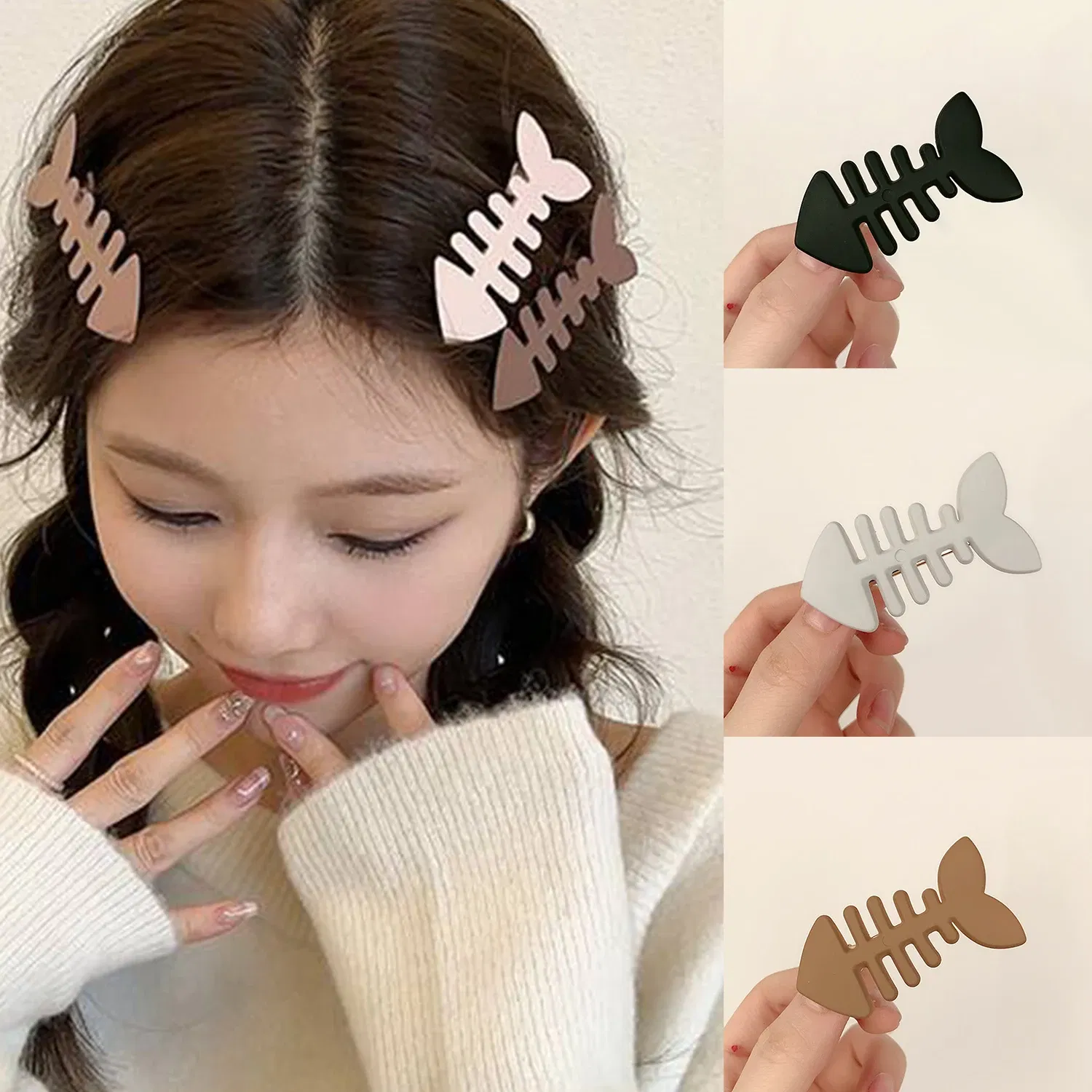 Color: WHITE - Simple Milk Tea Color Fishbone Hairpin Girl Cute Bangs Barrettes Sweet Side Hairgrips Temperament Duckbill Clip Hair Accessories
