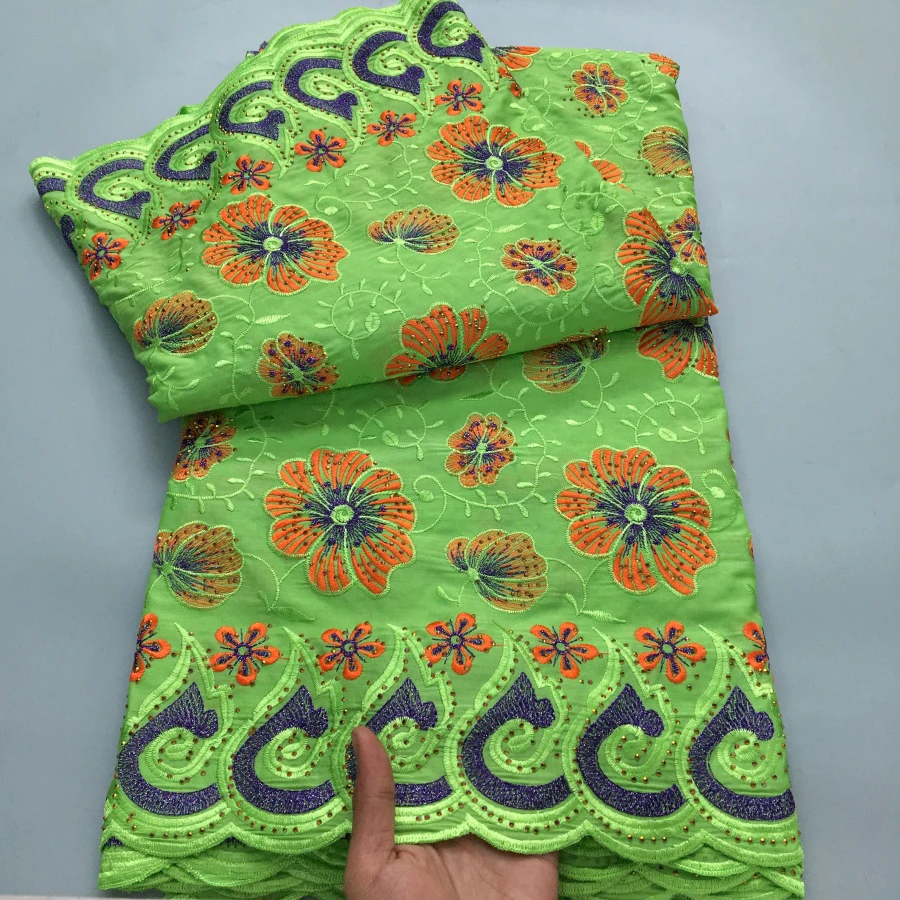 Color: WHITE, length: 5 yards, Width: 120cm - Green Nigerian Embroidered Cotton Lace Fabric 2025 High Quality 5 Yards African Swiss Lace Fabric Party Dress for Women A4210