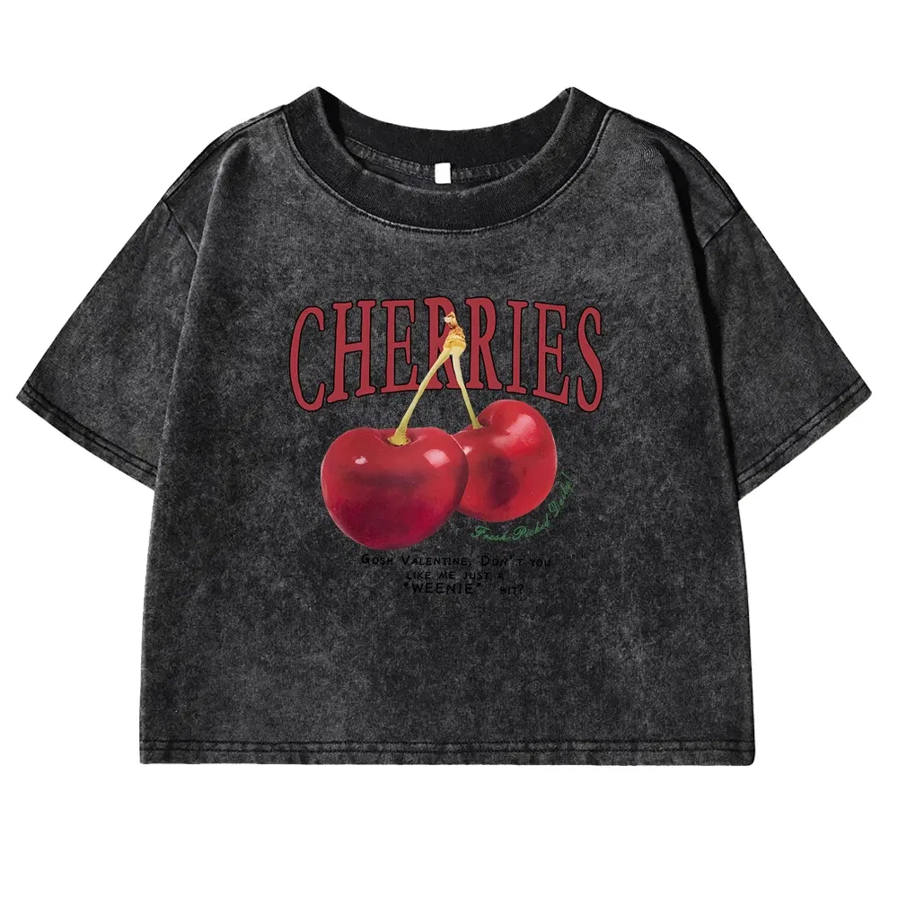 Color: GRAY, Size: XL - Red Cherries Letter Printed Female T-shirt Fashion Summer Washed Clothing Casual Cotton Crop Top Retro Tee Shirts For Women