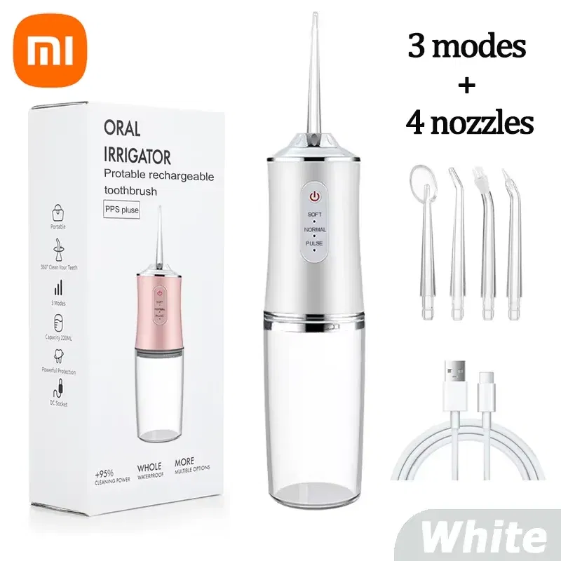 Color: WHITE - Xiaomi Intelligent Pulse Dental Floss Portable Cleaning 3 Modes Waterproof Rechargeable Dental Cleaner With 4 Nozzles Clean Gums