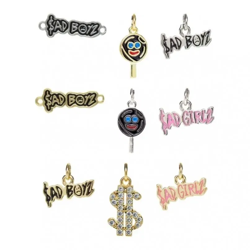 Metal color: Rhodium Plated - 10Pcs Letter Sadboyz or Sadgirls Black Enamel Copper Gold Color Pendant Charms for Jewelry Making