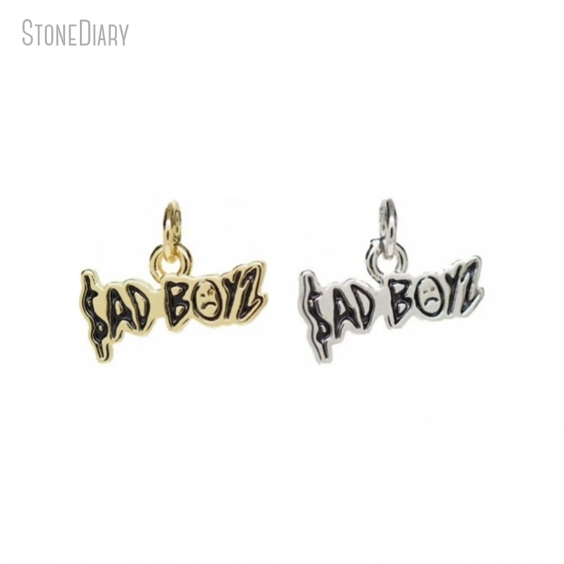 Metal color: Rhodium Plated - 10Pcs Letter Sadboyz or Sadgirls Black Enamel Copper Gold Color Pendant Charms for Jewelry Making