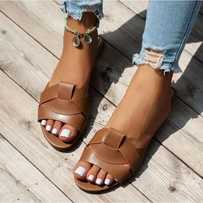 Color: Chocolate, Shoe Size: 38 - New Fashion Slippers Women Sexy Flat Sandals Casual Ladies Sand Beach Slippers Elegant Fish Mouth Slippers Women