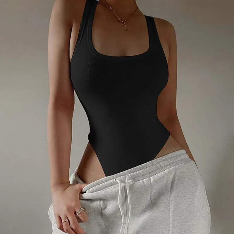 Color: black, Size: L - Sleeveless Knit Bodysuit for Women, Off Shoulder Halter Tops, Casual Street Bodycon, Sexy Clubwear, Hot Summer, 2024