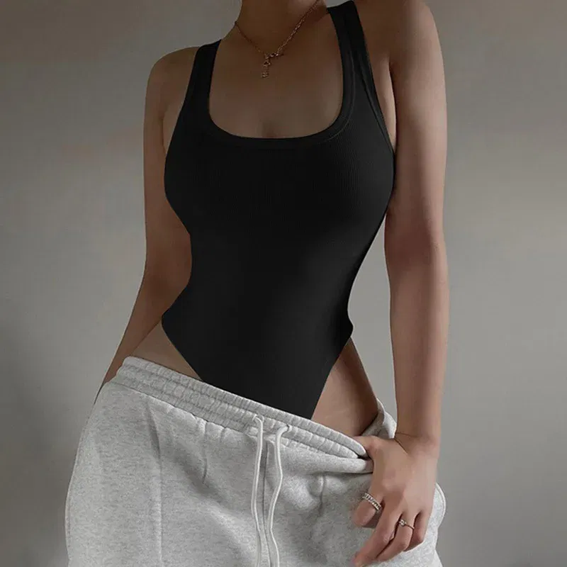 Color: black, Size: L - Sleeveless Knit Bodysuit for Women, Off Shoulder Halter Tops, Casual Street Bodycon, Sexy Clubwear, Hot Summer, 2024