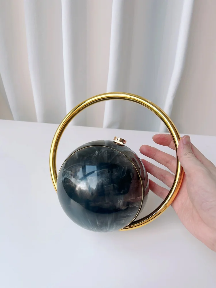 Color: Pink - 2025 New Marble Pattern Spherical Banquet Bag for Women Trendy Electroplated Handle PVC Handbags Lady Mini Purse Evening Clutch