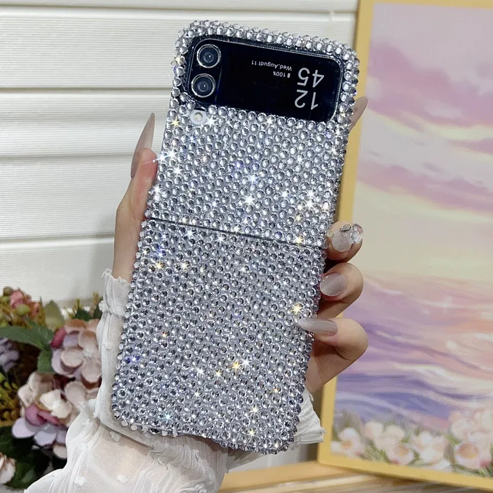 Color: Beige, Material: CANVAS - Full Shiny Diamonds Cover Funda For Samsung Galaxy Z Flip 7 Wrist Strap Case For Samsung z flip 6 zflip5 zflip4 3 Luxury Case