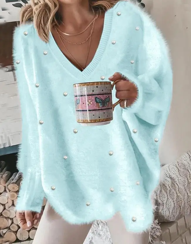 Color: army green, Size: M - Korean Style Lazy Women's Sweater 2024 Autumn Ribbed Knitted Pullover V-Neck Pearl Long Sleeved Fluffy Top Women's Loose Sweater