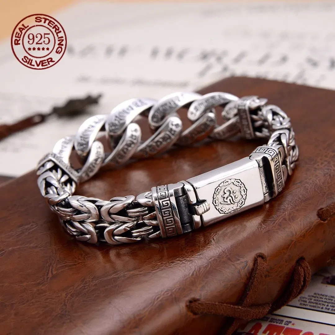 Metal Color: Rhodium Plated, Gem Color: black, Ships From: CHINA, Length: 21cm - S925 Sterling Silver Personalized Men and Women Bracelets Six-Character Peace Pattern Cuban Chain Jewelry Exquisite Gift