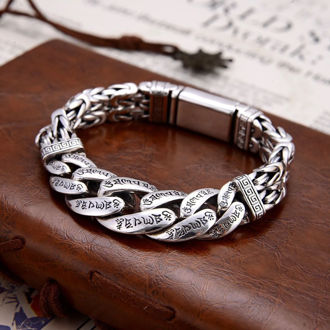 Metal Color: Rhodium Plated, Gem Color: black, Ships From: CHINA, Length: 21cm - S925 Sterling Silver Personalized Men and Women Bracelets Six-Character Peace Pattern Cuban Chain Jewelry Exquisite Gift