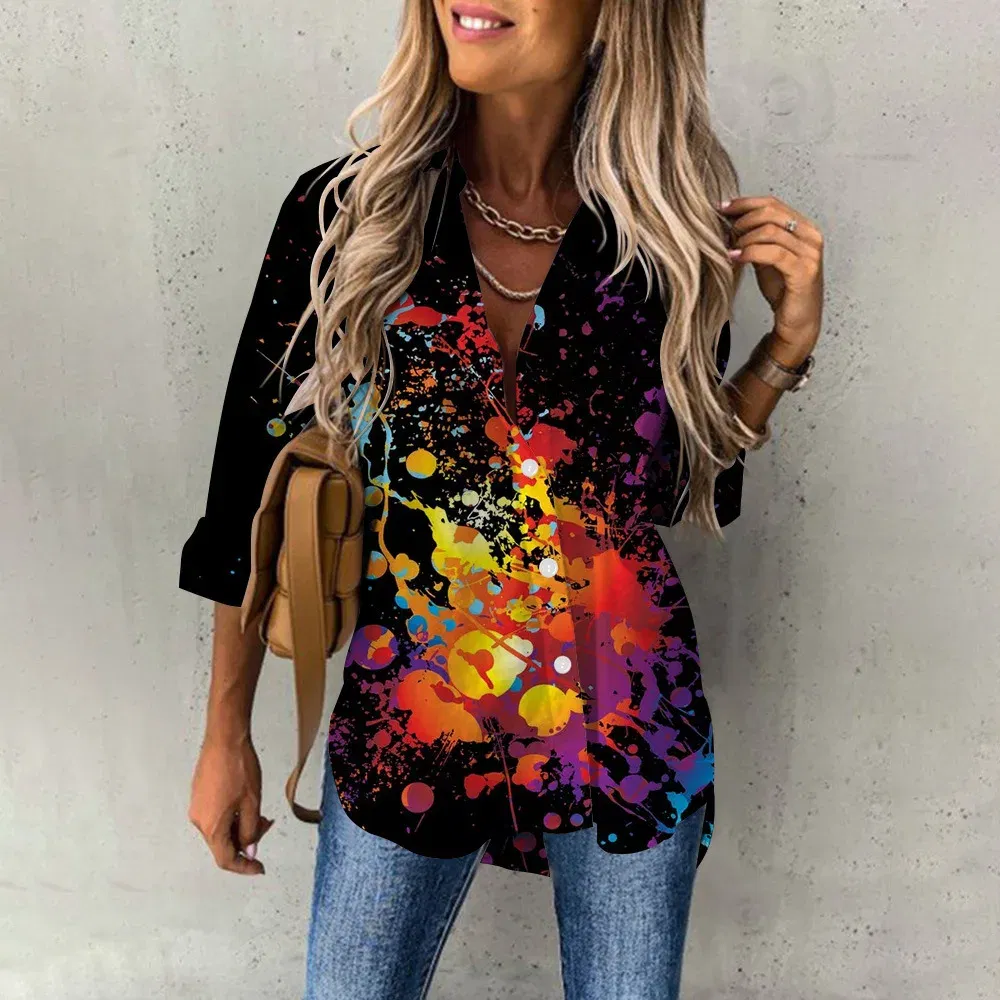 Color: Brown, Size: XL - Ladies Long Sleeved Shirt Vacation Style Coconut Tree 3D Digital Printed Button Up Collar Loose Casual Ladies Blouse 2024 Autumn