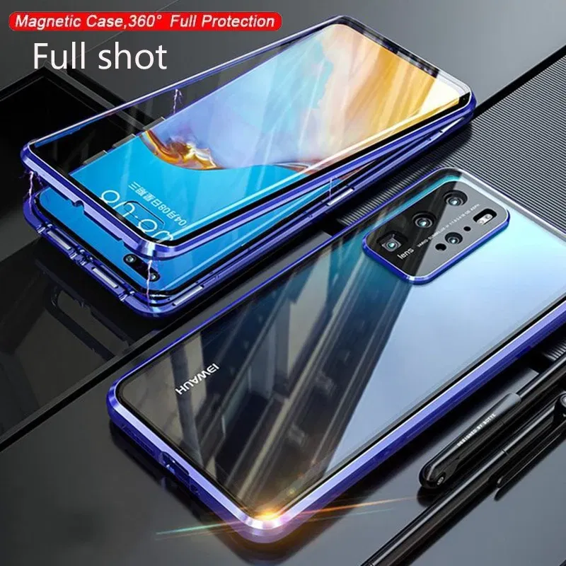 Color: Blue, Material: ABS - Phone Case Shell Double sided Protection Cover For Huawei P30 Pro P40 Pro Plus P40 Lite 5G Magnetic Adsorption Phone Sleeve bag