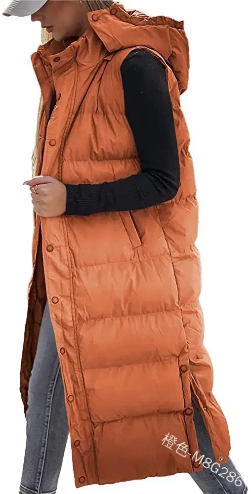 Color: Orange, Size: L - Hooded Zipper Jacket Women Oversize Waistcoat Winter Outerwear Hooded Parka Fashion Quilted Vest Casual