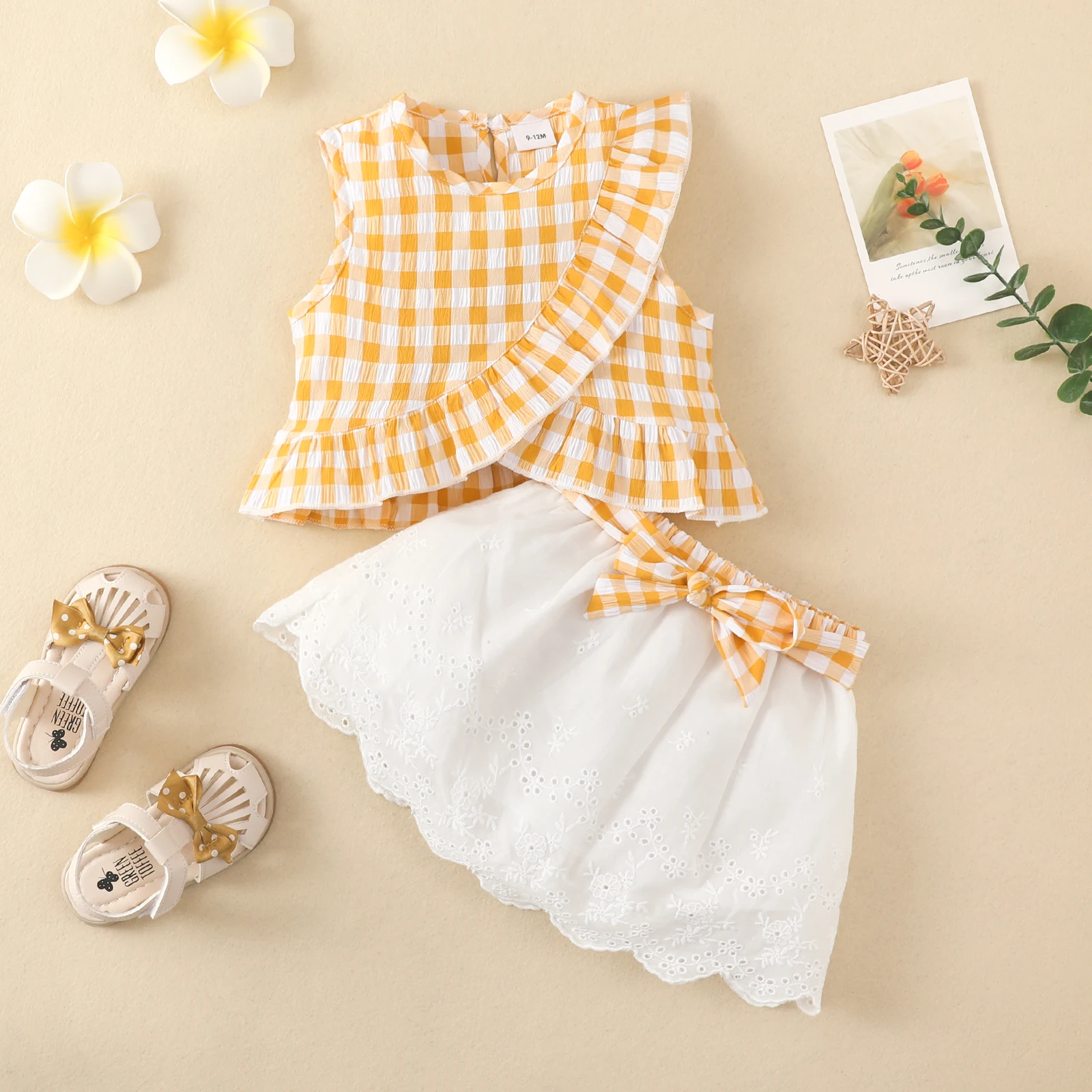 Kid Size: 4T, Color: Blue - Charming Girls' Summer Ensemble: Sleeveless Plaid Ruffle Top & Lace Hem Skirt - Comfy, Durable & Stylish