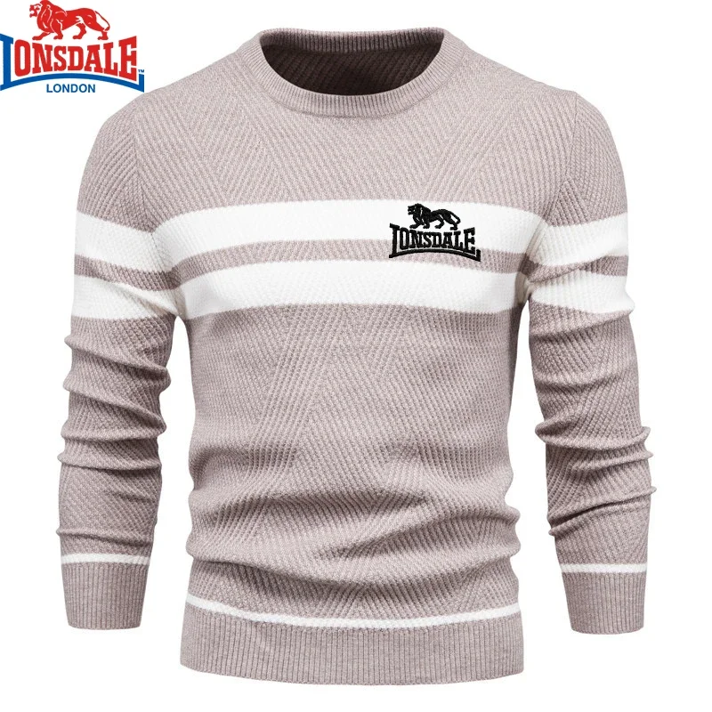 Color: Dark Grey, Size: S - Embroidered LONSDALE Mens Boys Winter Stripe Sweater Thick Warm Pullovers Men's O-neck Basic Casual Slim Comfortable Sweaters