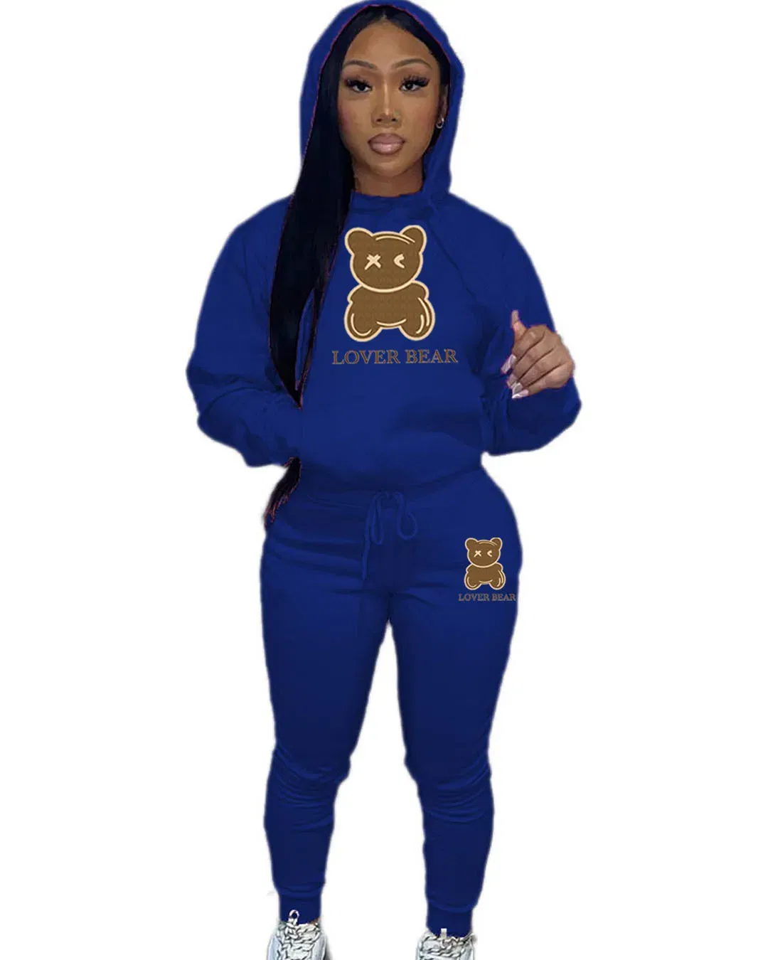 Color: Blue, Size: XXXL - 2 Piece Set Women Outfit Letter Bear Print Hooded Neck Hoodies Sweatshirt Pants Tracksuit 2024 Plus Size Streetwear Casual Suit