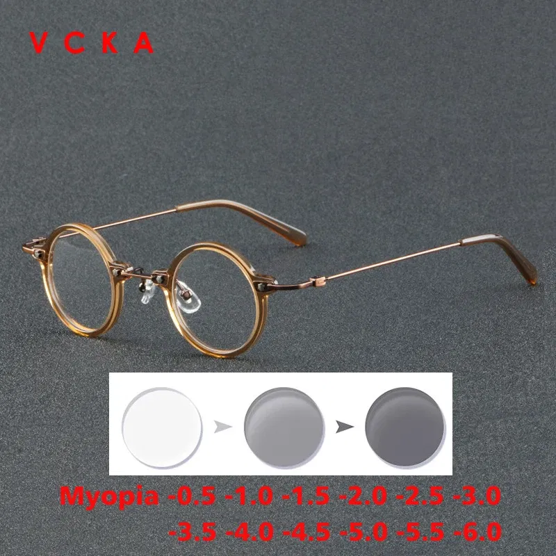 Frame Color: Yellow, Eye Prescription: +275 - VCKA Anti-blue Discolor Acetate+Titanium Myopia Glasses Frames Small Round Men Prescription Optical Women Eyewear -0.50 to -10.0