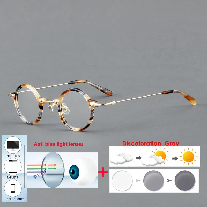 Frame Color: Yellow, Eye Prescription: +275 - VCKA Anti-blue Discolor Acetate+Titanium Myopia Glasses Frames Small Round Men Prescription Optical Women Eyewear -0.50 to -10.0