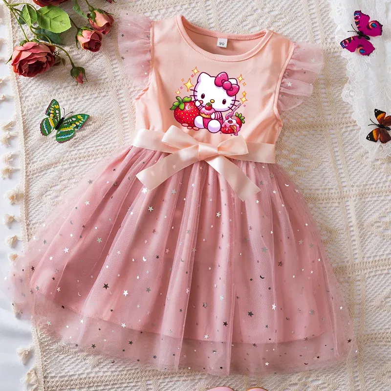 Color: SKY BLUE, Kid Size: 5 - Hello Kitty Girls Sequin Tutu Dress with Bow Flutter Sleeves Summer Princess Party Outfit for Toddler Kids 2-6 Years