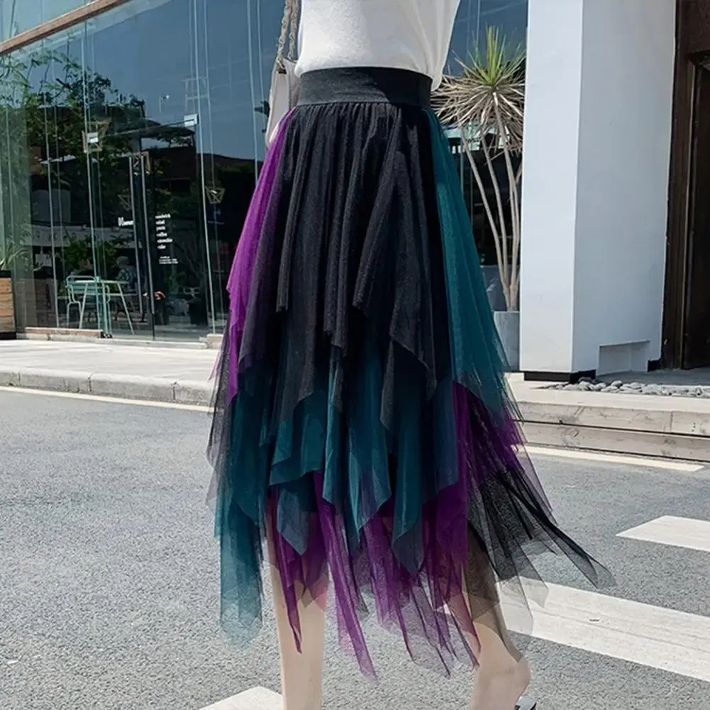Color: green, Size: XL - 2025 Irregular Mesh Women Skirt High Elastic Waist Colorful Mesh Multi-layered Soft Mid-calf Length Pleated Women Midi Skirt