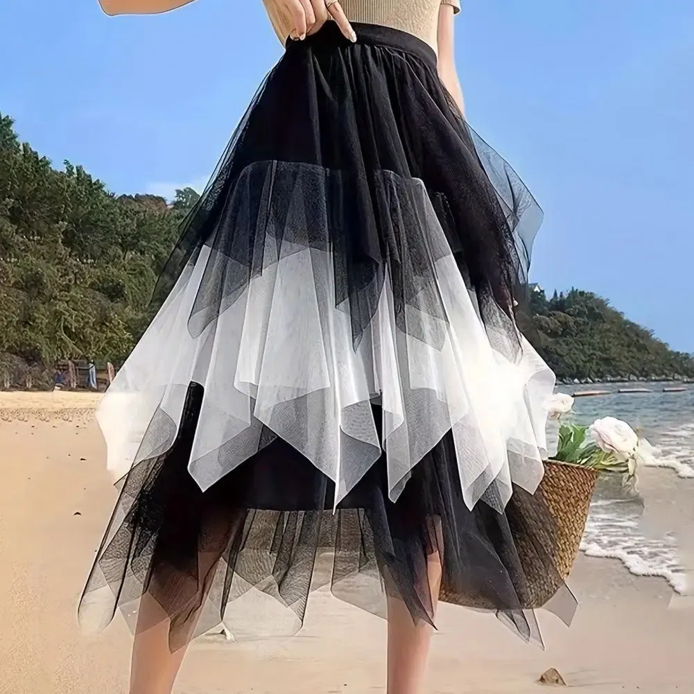 Color: green, Size: XL - 2025 Irregular Mesh Women Skirt High Elastic Waist Colorful Mesh Multi-layered Soft Mid-calf Length Pleated Women Midi Skirt