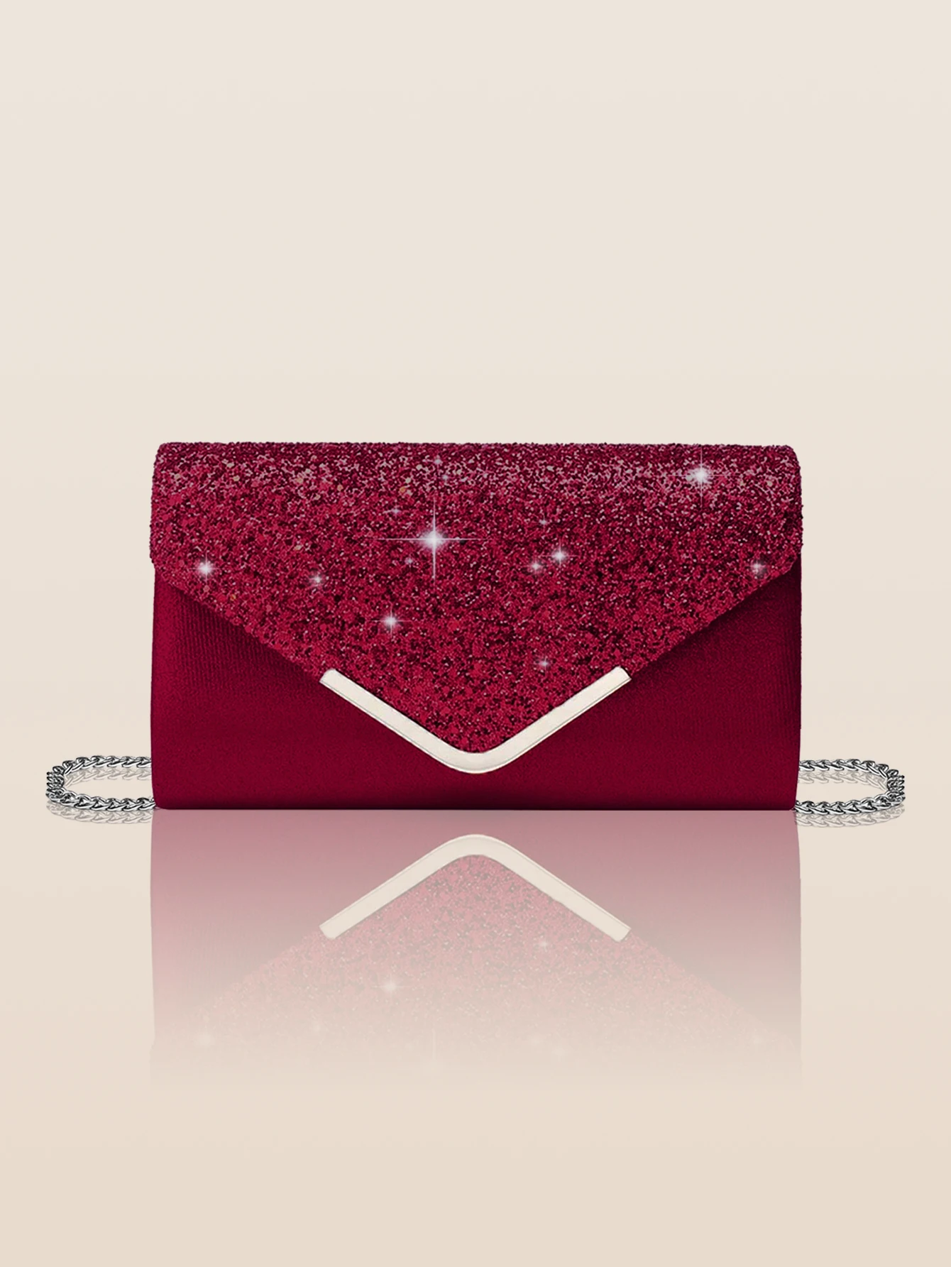 Color: Burgundy - Glitter Bling,Shiny Elegant And Fashionable Envelope Clutch Bag, Party Wedding Handbag For Women Dinner Bag