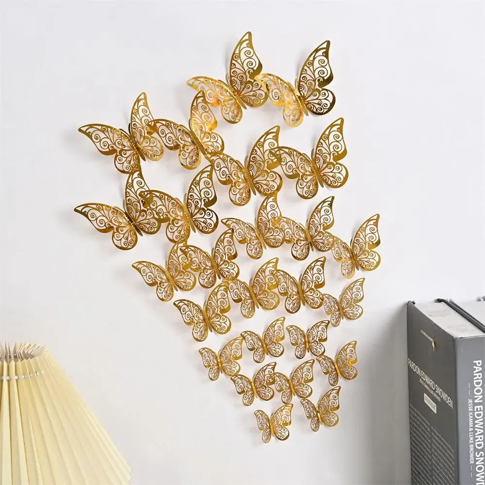 Color: Light Grey - 12 Pieces 3D Hollow Butterfly Wall Sticker Bedroom Living Room Home Decoration Paper Butterfly