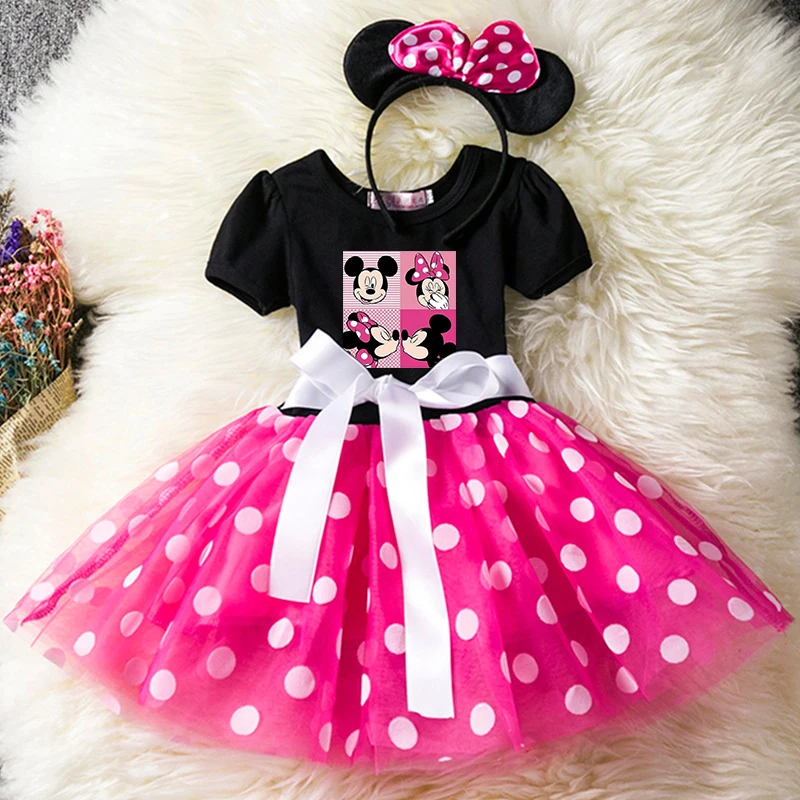 Color: Khaki, Size: S - Cartoon Mickey Minnie Mouse Kids Short Sleeve Polka Dot Princess Dress 1-6Y Party Baby Girls Clothes Cosplay Costumes