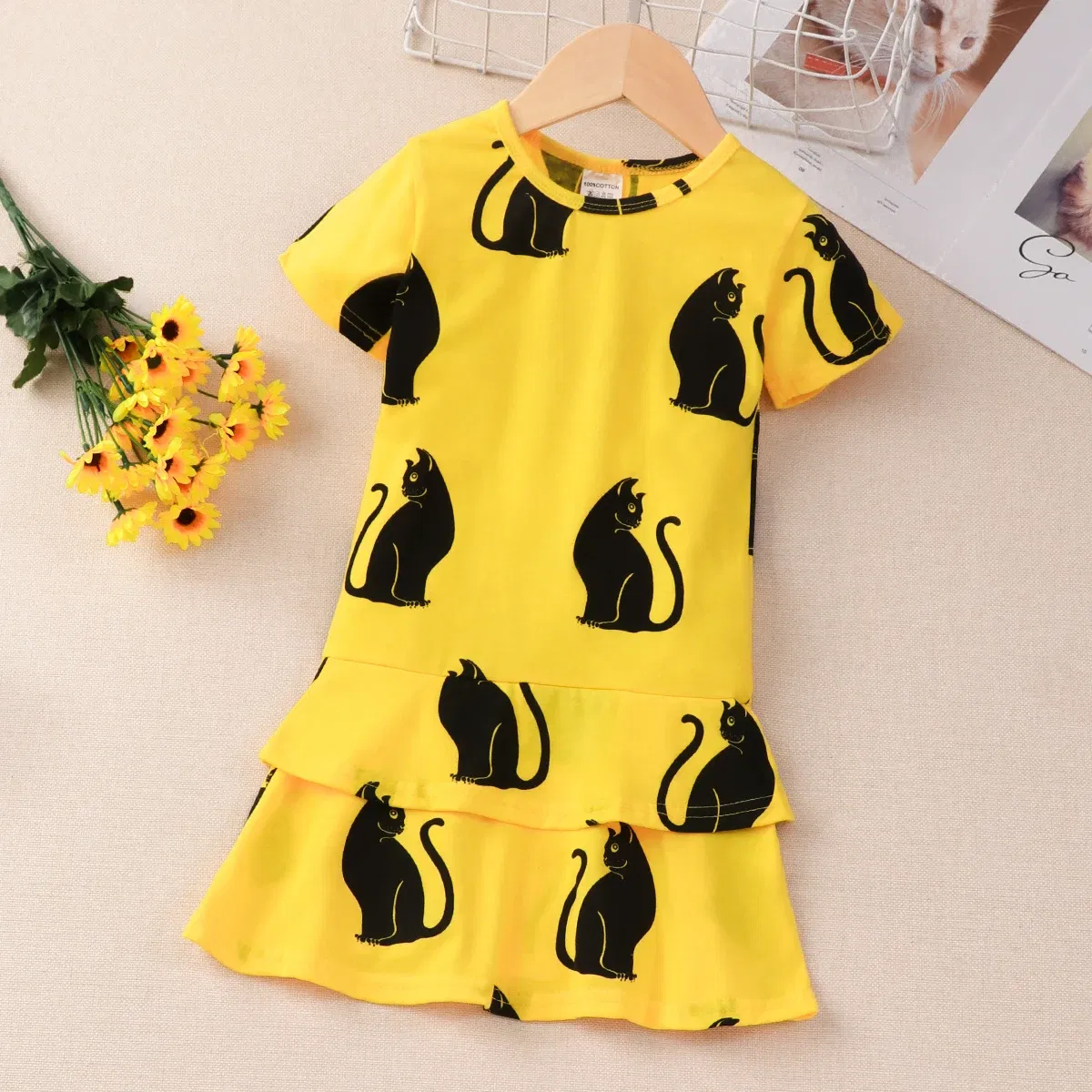 Color: Yellow, Kid Size: 4T - 2024 Children Dress Summer Girl Kids Dress for Very Elegant Party Black Cat Print Splice Belted A-line Skirt Girl Clothing