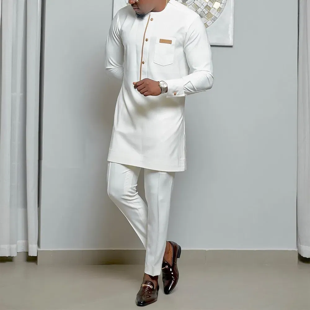 Color: Burgundy, Size: XL - 2025 New men's suit, white pocket, 2-piece set, luxury wedding casual suit, traditional African style of ethnic minorities
