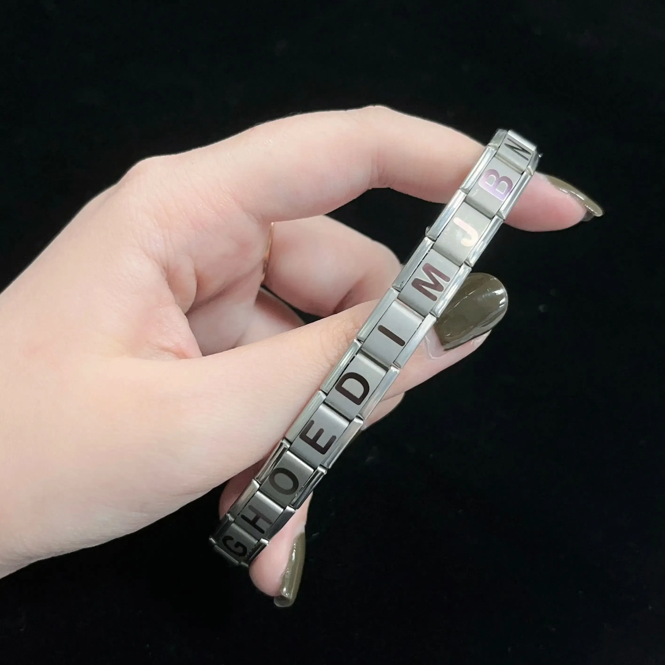 Metal Color: Vermeil, Main Stone Color: WHITE - New DIY Italian Charm 9mm Module Bracelet 26 English letter Stainless Steel Elastic Bracelets for Men and Women Gift