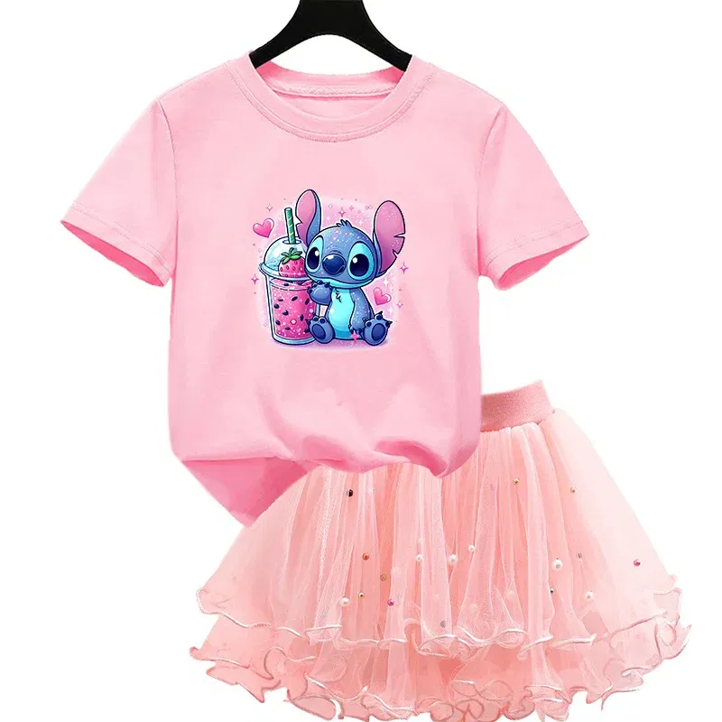 Color: Lavender, Kid Size: 2T - 2pcs Lilo Stitch Summer Girls Outfits Cartoon T-shirt and Tutu Skirt Princess Clothes Suit Children Birthday Clothing Sets